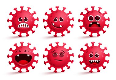 Coronavirus covid-19 emoji vektör seti. Covid19 ncov virüsü, küresel pandemik salgın koleksiyonu için kırmızı, şaşırtıcı ve yaramaz yüz ifadeleriyle güler. Vektör illüstrasyonu. 