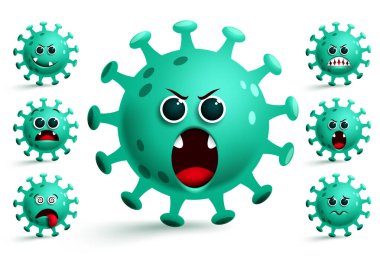 Coronavirus covid-19 emoji vektör seti. Yeşil covid-19 corona virüsü, beyaz arka planda izole edilmiş Corona salgını koleksiyonu için kızgın yüz ifadesine sahip emoji ve emoticon gülümsüyor. Vektör illüstrasyonu.