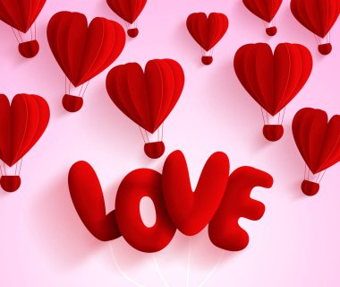 Love Valentine vektör arkaplan tasarımı. Sevgililer Günü havada süzülen aşk ve sıcak hava balonu kağıdı romantik sevgililer günü tasarımı için kesilmiş. Vektör illüstrasyonu