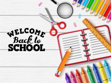 Okul vektör pankartına geri dönelim. Not defteri, kalem, cetvel, boya kalemi, makas ve beyaz ahşap dokuda renkli kalem unsuru gibi eğitim malzemelerinin olduğu okul metnine tekrar hoş geldiniz. Vektör illüstrasyonu.