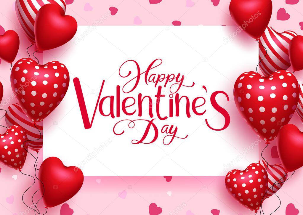 Valentine's vector background template. Happy valentine's day text in white board empty space with element of balloon hearts for romantic valentine celebration messages design. Vector illustration