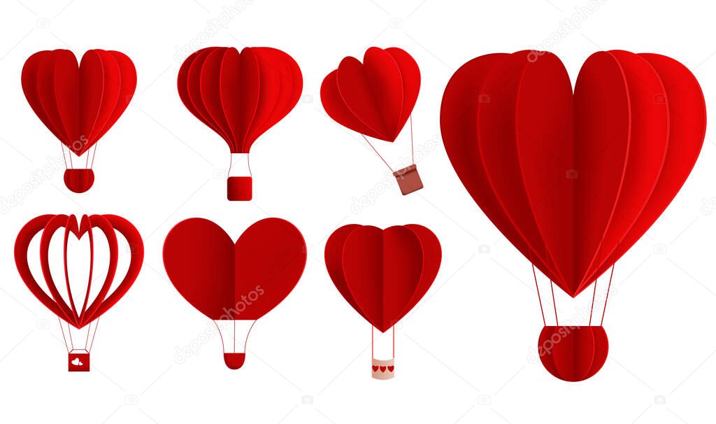 Hearts hot air balloon valentine vector set. Red hot air balloons in heart shape element isolated in white background for valentines romantic decoration collection design. Vector illustration  