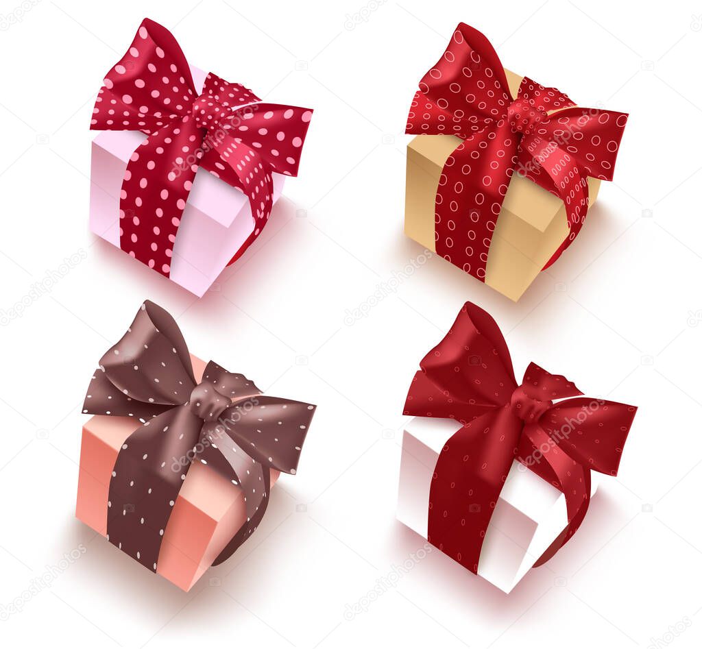 Gifts set vector element design. Gift elements collection for christmas, valentines day and birthday present with ribbon pattern design in side view isolated in white background. Vector illustration