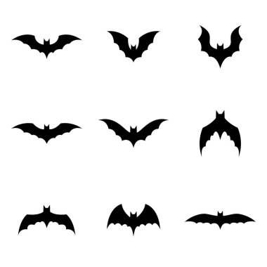 Beyaz arka planda izole edilmiş vektör yarasa silueti. vektör yarasalar kümesi.