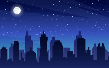 Geceleri ay ve yıldızlı şehir manzarası.