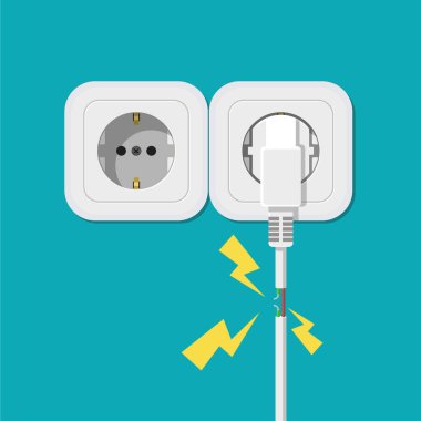 Elektrikli kısa devre. Hatalı kablo. Aşırı yüklemeden ateş edin. Elektrik güvenliği kavramı. Vektör illüstrasyon düz tasarım.