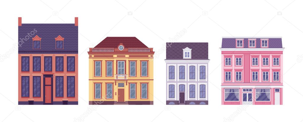 Townhouse residential building colorful traditional classic set