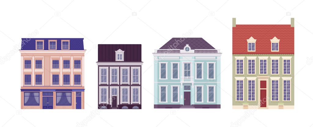 Town house set, classical mansions in different architectural styles