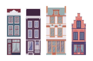 Kasaba seti, ince, yüksek evler, basamaklı, çatısı mansard.