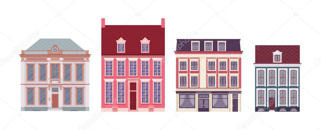 Townhouse set, residential city architecture of victorian homes, old houses