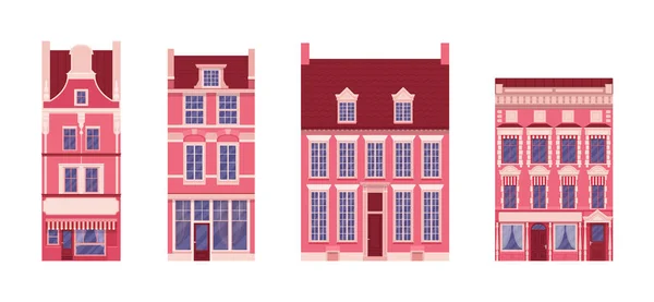 Conjunto adosado, edificios independientes en adorno de fachada rosa y roja — Vector de stock
