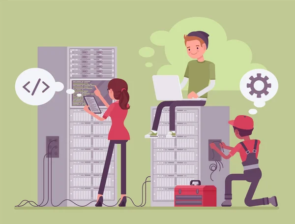 Data center server cloud support crew, system administrators at work — Stock Vector