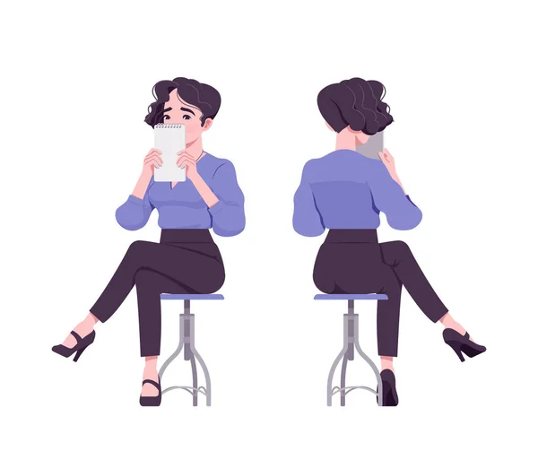 Офісна дівчина, сучасна жінка сидить, прикриваючи обличчя блокнотом — стоковий вектор