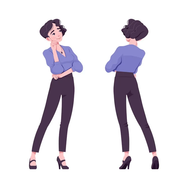 Menina de escritório, mulher moderna de pé em pose pensativa — Vetor de Stock