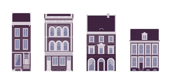 Conjunto de casa adosada, edificios independientes, ornamento elaborado, fachada clásica de la ciudad — Vector de stock