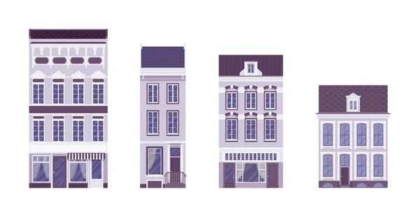 Conjunto de casa adosada, edificios independientes, ornamento elaborado, fachada clásica de la ciudad — Vector de stock