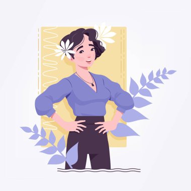 Ofis kızı, genç sekreter ya da iş kadını ayakta, akimbo pozu