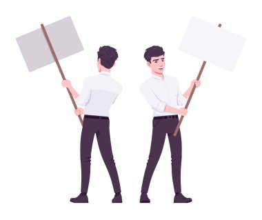 Ofis çocuğu, modern adam boş tahtayla ayakta duruyor.