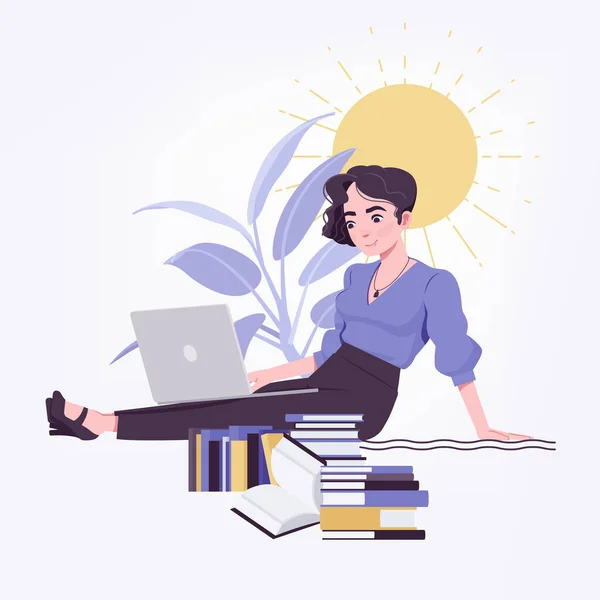 Escritório menina, jovem secretária, empresária sentado no chão com laptop — Vetor de Stock