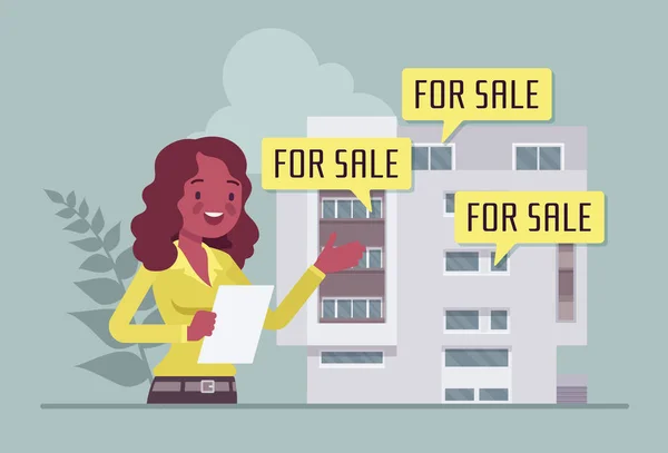 Agente imobiliário, consultor especialista em imóveis vendendo bloco de apartamentos casa —  Vetores de Stock