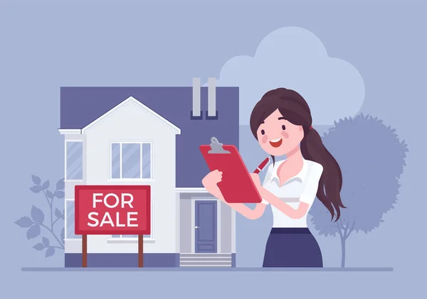 Agente imobiliário, atraente listagem de corretor de imóveis feminino e casa de marketing — Vetor de Stock
