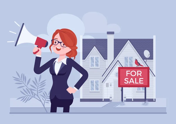 Agente imobiliário, corretor de imóveis feminino com megafone vendendo casa — Vetor de Stock