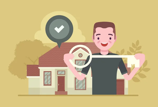Šťastný majitel domu, mladý muž s klíčem, vlastní dům — Stockový vektor