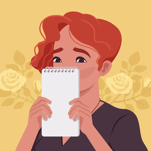 Mulher de cabelo ruiva bonita escondendo rosto atrás do notebook — Vetor de Stock