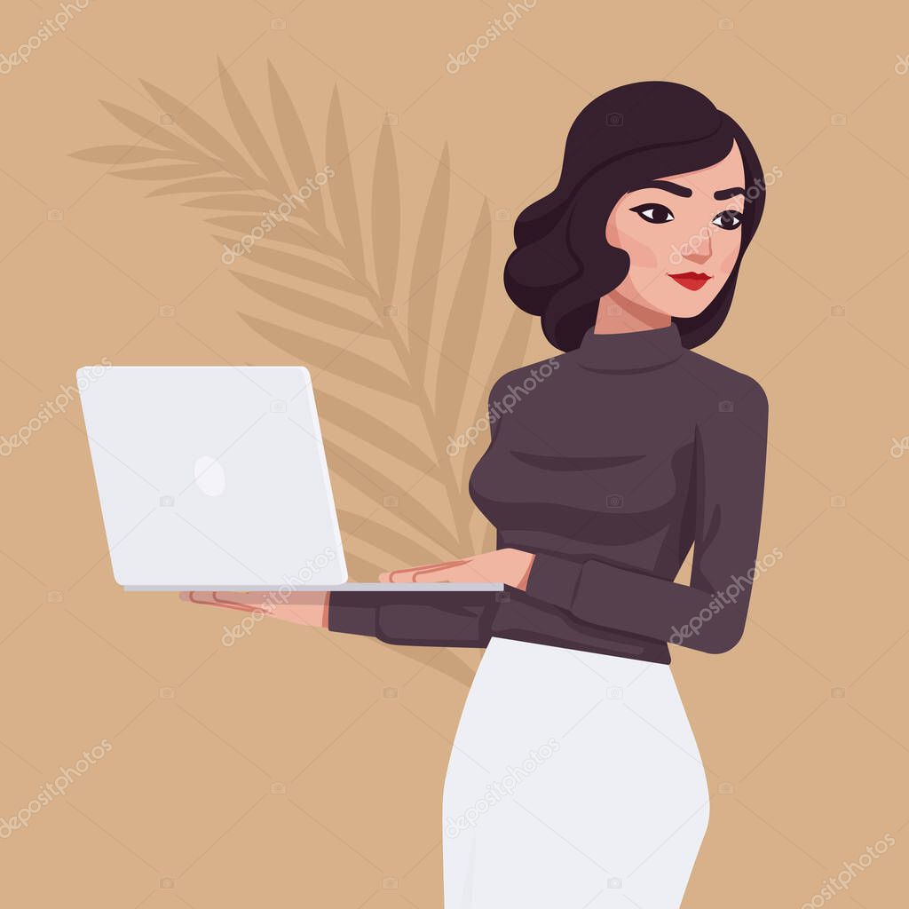 Beautiful business lady, elegant businesswoman, female executive with laptop
