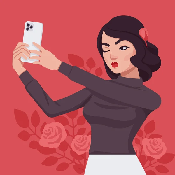 Wanita mengambil selfie dengan telepon, potret wanita cantik - Stok Vektor