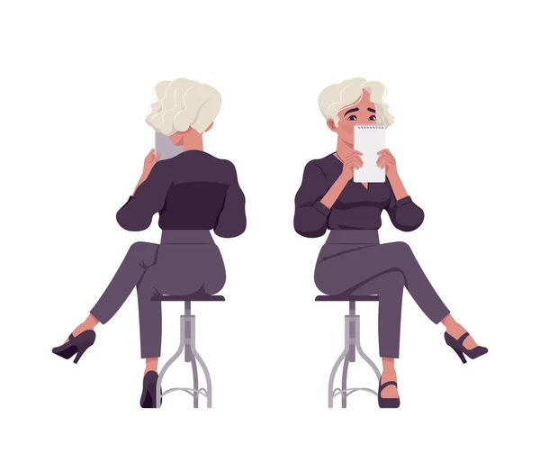 Vacker blond kvinna sitter, gömmer ansikte, business outfit — Stock vektor