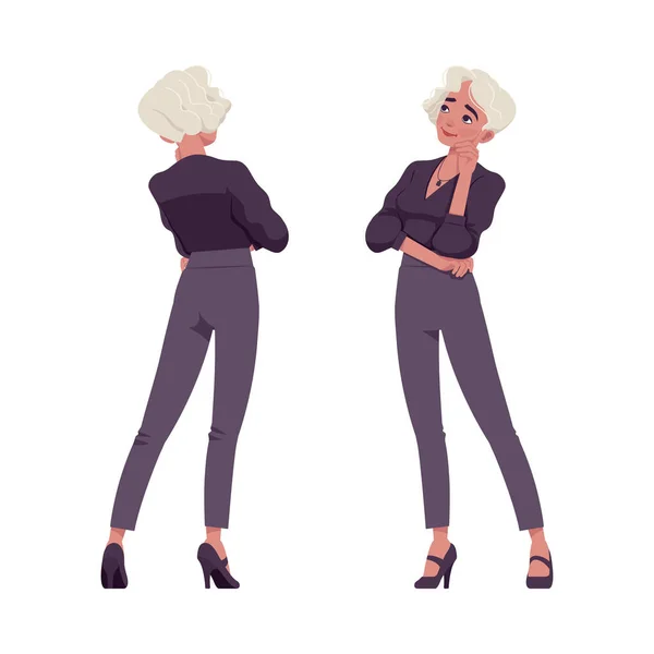 Mooie blonde vrouw met wit geverfd haar staande, business outfit — Stockvector