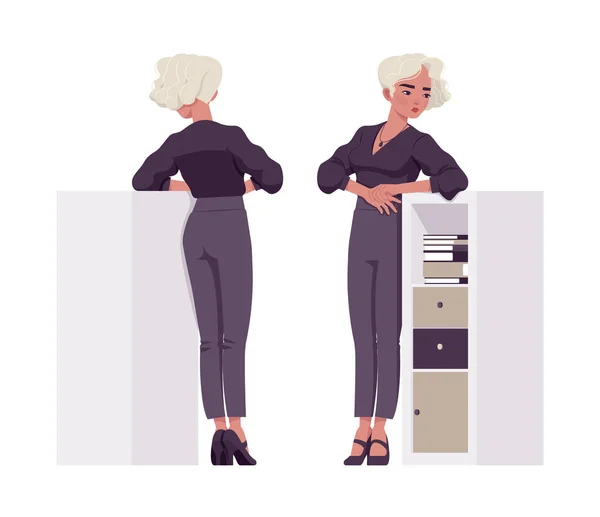 Vacker blond kvinna står nära bokhylla, tablett, business outfit — Stock vektor