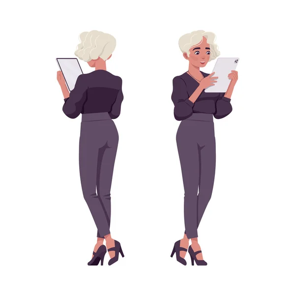 Vacker blond kvinna med vitt färgat hår, tablett, business outfit — Stock vektor