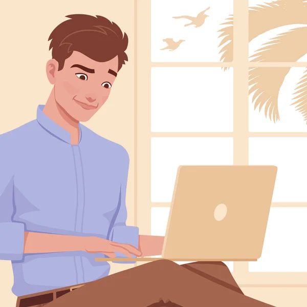 Jeune homme d'affaires beau, heureux pigiste occupé à travailler avec ordinateur portable Illustration De Stock