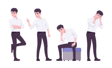 Ofis çalışanı seti, genç iş adamı, erkek çalışan olumsuz duygular hissediyor.