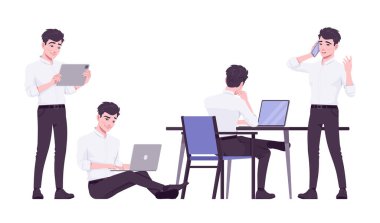 Ofis çalışanı seti, genç iş adamı, aletleri olan erkek çalışan.