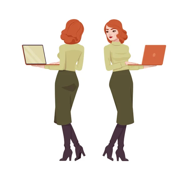 Wanita sekretaris berambut merah, wanita bisnis berambut merah yang menarik dengan laptop - Stok Vektor