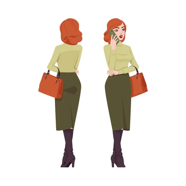 Rött hår sekreterare kvinna, attraktiv rödhårig affärskvinna telefon prata — Stock vektor
