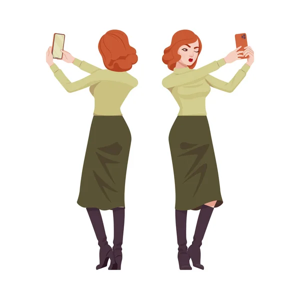 Rothaarige Sekretärin, attraktive rothaarige Geschäftsfrau, die Selfie macht Vektorgrafiken