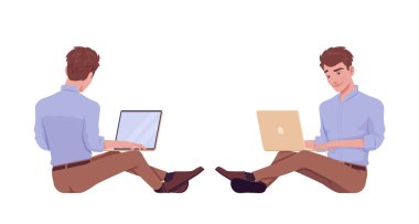 Genç yakışıklı iş adamı dizüstü bilgisayarla oturmuş, internette çalışıyor.