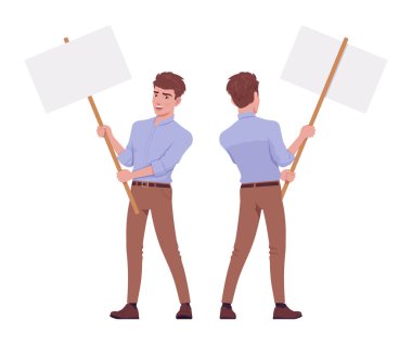 Genç yakışıklı işadamı boş bir fotokopi çubuğu pankartıyla ayakta duruyor