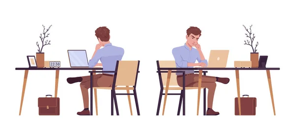 Mladý pohledný podnikatel sedí, pracuje za stolem — Stockový vektor