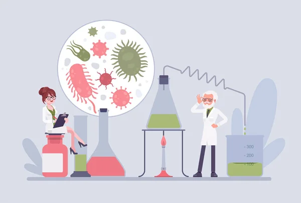 Klinische wetenschappers werken in laboratorium, kiemen, virussen, bacteriën lab studie — Stockvector