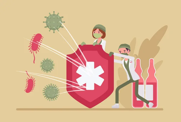 Médico masculino y femenino, escudo protege de gérmenes, virus, bacterias — Vector de stock
