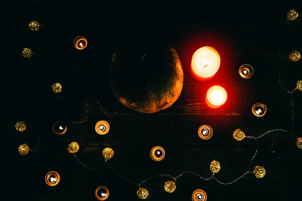 Citrouille Halloween Dans Obscurité Lumières Lampes Bougies Mystique Vacances Automne — Photo