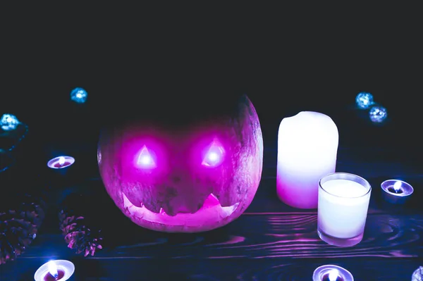 Halloween Dýně Tmě Lampy Svíčky Tajemné Podzimní Prázdniny Slavnostní Detaily — Stock fotografie