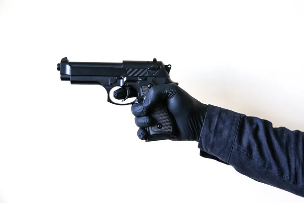 Άντρας Μαύρα Γάντια Κρατάει Όπλο Εγκληματίας Δολοφόνος — Φωτογραφία Αρχείου