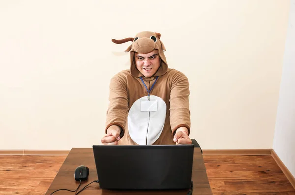Office worker in cosplay costume of a cow. Guy in the funny animal pyjamas sleepwear near the laptop. Parody on desperate manager. Occupational burnout.