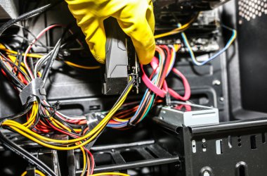 Inside details of the personal computer. Man is cleaning wires in yellow gloves. Motherboard and video card in the dust. Broken PC.